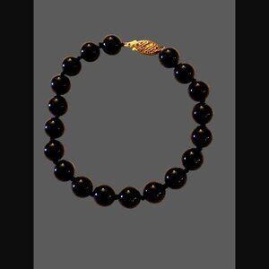 925 Sterling Yellow Gold Vermeil Black Onyx 8mm Bead Knotted Bracelet 6.75"